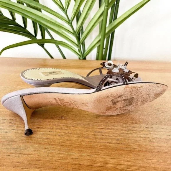 ❤️SOLD❤️Prada Women's Sz 37.5 US 7.5 Lavender Purple Leather Floral Strap Mules - Picture 9 of 11